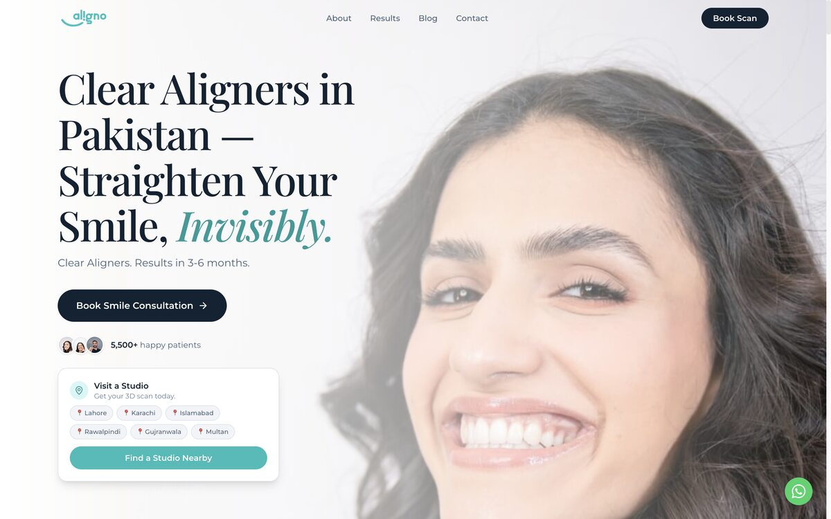 The Aligno homepage, showing a patient portrait and a booking action
